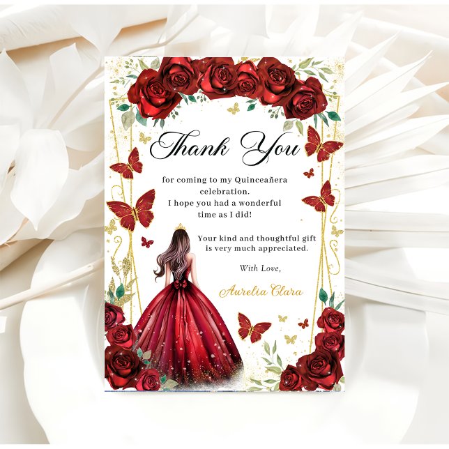 Chic Red Roses Floral Butterflies Quinceañera Thank You Card (Creator Uploaded)