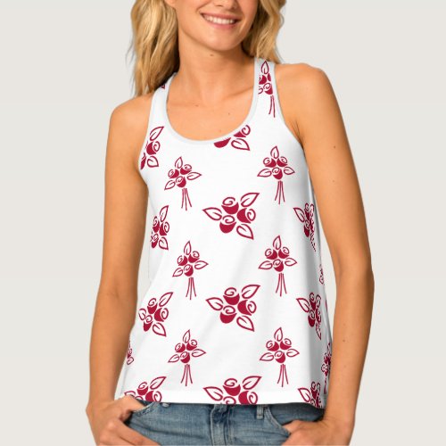 Chic Red Roses Floral Pattern on White Tank Top