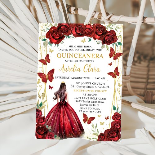 Chic Red Roses Floral Princess Quinceaera Invitation