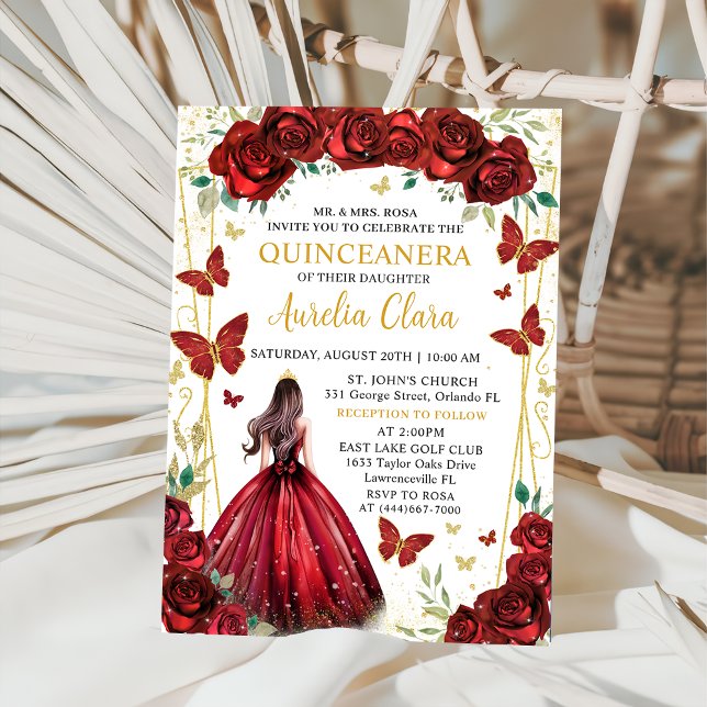 Chic Red Roses Floral Princess Quinceañera Invitation (Creator Uploaded)