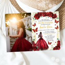 Chic Red Roses Floral Princess Quinceañera Photo Invitation