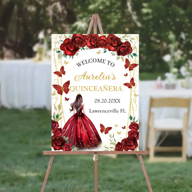 Chic Red Roses Floral Princess Quinceañera Welcome Foam Board (Creator Uploaded)