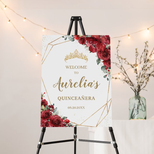 Chic Red Roses Floral Quinceañera Birthday Welcome Foam Board (In Situ (Stand))
