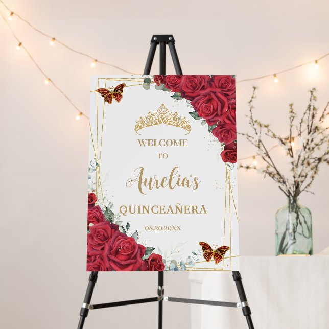 Chic Red Roses Floral Quinceañera Birthday Welcome Foam Board (In Situ (Stand))