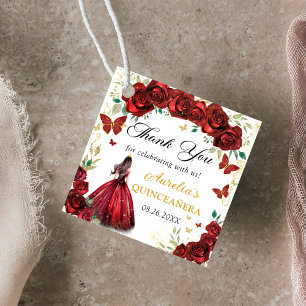 Chic Red Roses Floral Quinceañera Princess Favor Tags