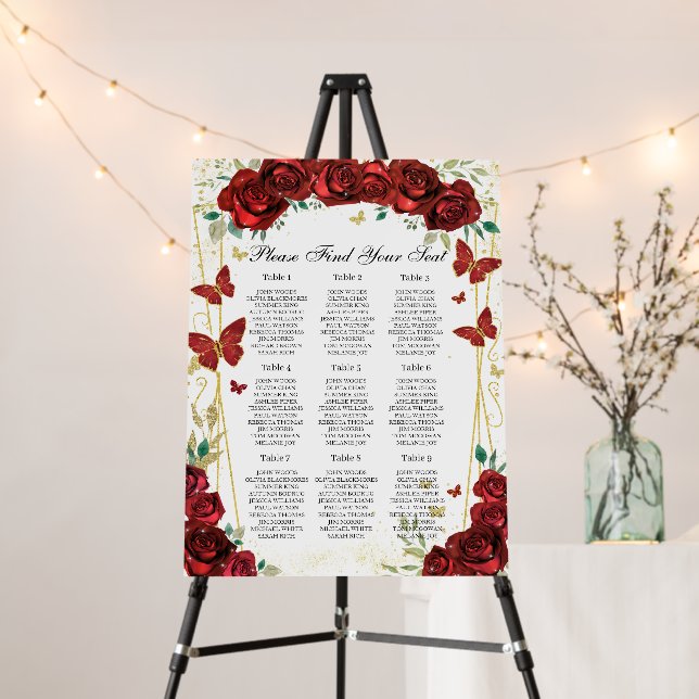Chic Red Roses Floral Quinceañera Seating Chart Foam Board (In Situ (Stand))