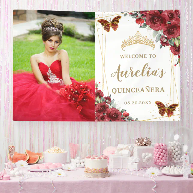 Chic Red Roses Floral Quinceañera Welcome Backdrop Banner | Zazzle