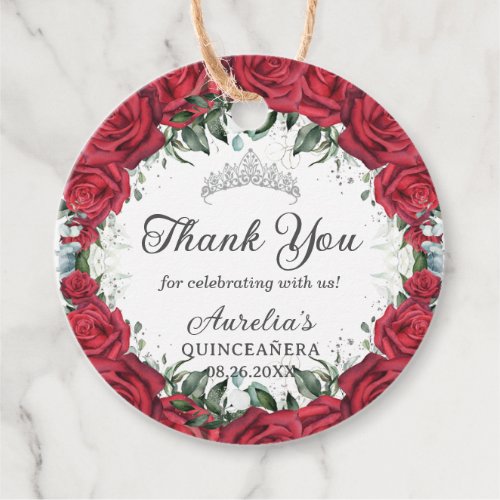 Chic Red Roses Floral Wreath Silver Princess Tiara Favor Tags