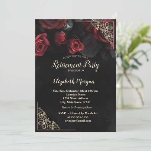 Chic Red Roses Gold Floral Frame Retirement  Invitation