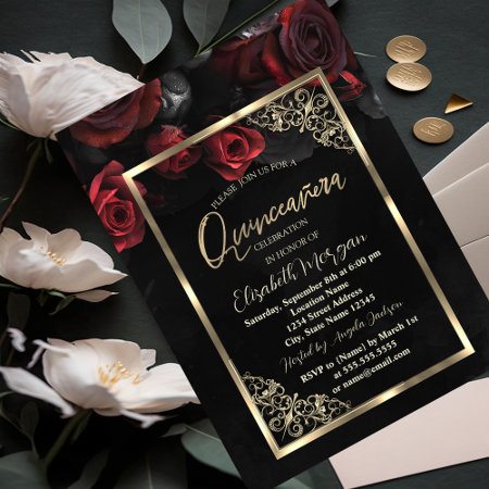Chic Red Roses Gold Frame Black  Quinceañera Invitation