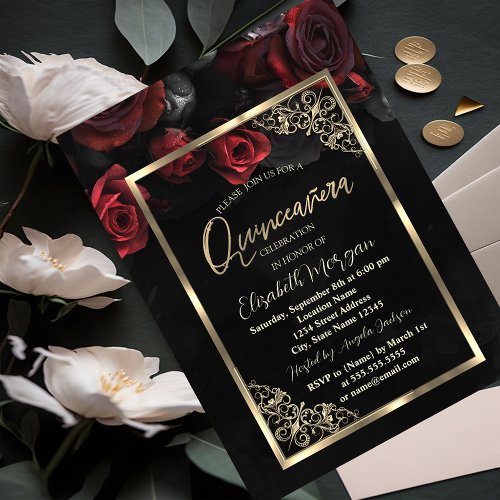 Chic Red Roses Gold Frame Black  Quinceaera Invitation