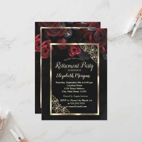 Chic Red Roses Gold Frame Black Retirement Party  Invitation