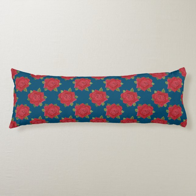 Chic Red Roses on Blue Custom Body Pillow (Front)