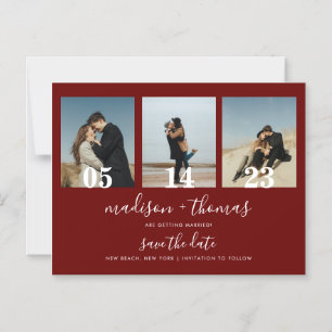Chic Red Script 3 Photo Wedding Save The Date Magnetic Invitation