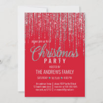 Chic Red Silver Glitter Fringe Curtain Christmas Invitation