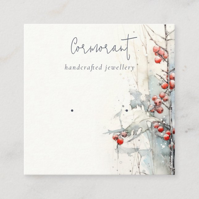 Chic Red Snow Winter Berries Earring Stud Holder Square Business Card (Front)