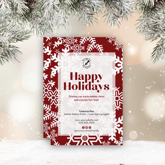 Chic Red Snowflake Happy Holidays Notary Business Holiday Card (Creator Uploaded)