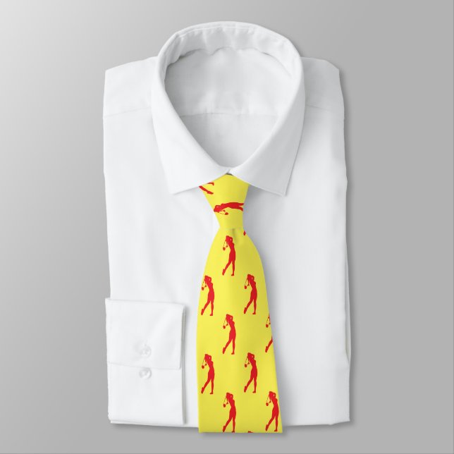 Chic Red Sports Lady Golfer Silhouette Neck Tie (Tied)