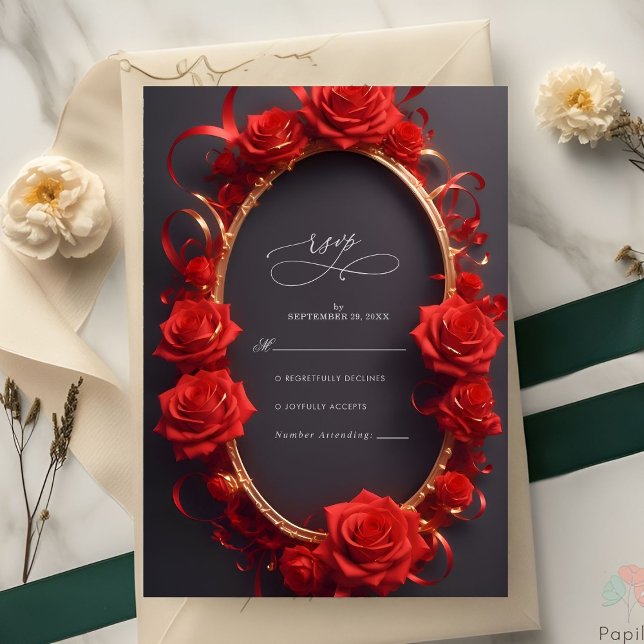 Chic Red Turkish Roses golden Frame Wedding RSVP Card (Creator Uploaded)
