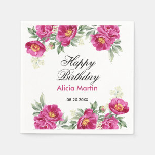 Chic Red Violet Peony Floral Greenery Birthday Napkins