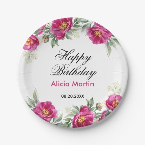 Chic Red Violet Peony Floral Greenery Birthday  Paper Plates