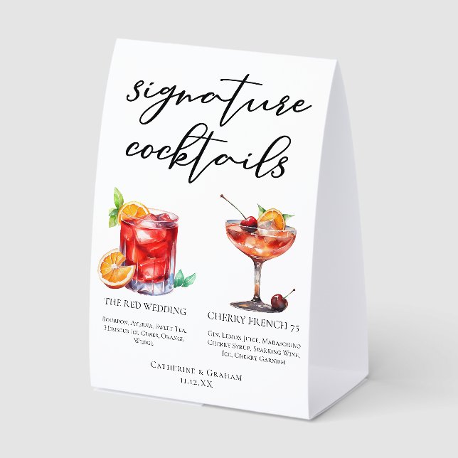 Chic Red Wedding Signature Cocktails Menu Paper Table Tent (Front)