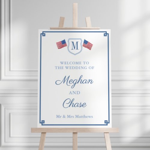Chic Red White Blue Monogram Wedding Welcome Sign