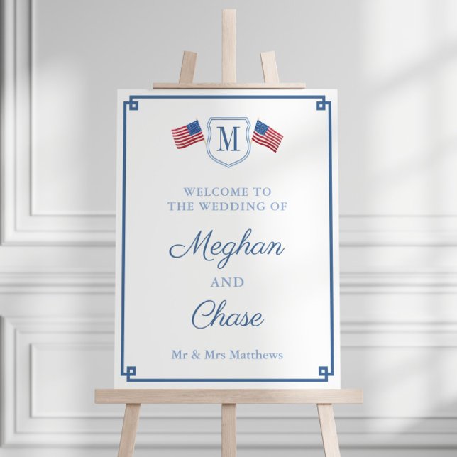 Chic Red White Blue Monogram Wedding Welcome Sign (Smart Blue Monogram Crest With USA flags wedding welcome sign)