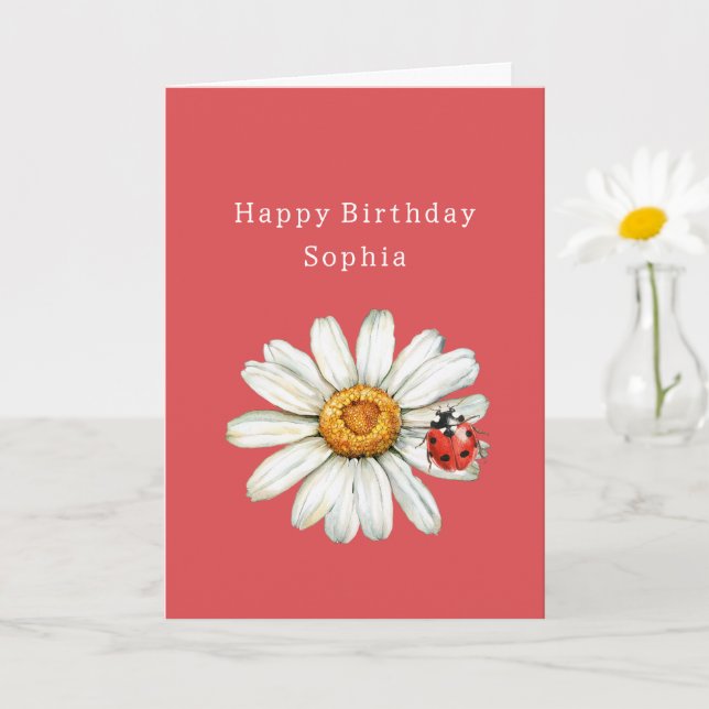 Chic Red White Daisy Flower Ladybug Birthday Card (Small Plant)