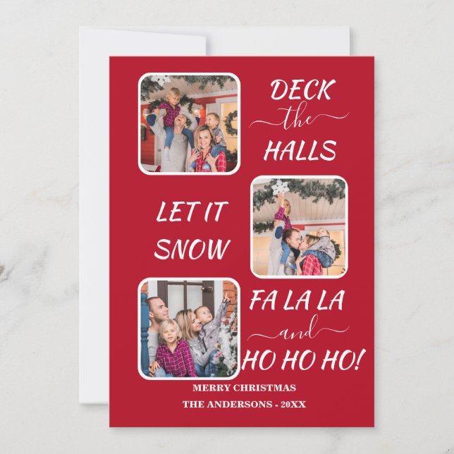 Chic Red White Fun Three Photos Christmas Holiday (Front)