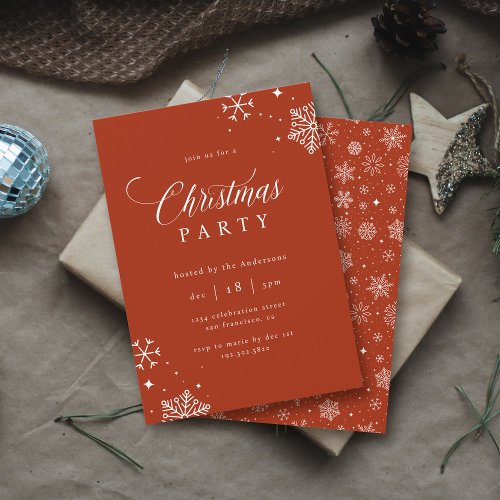 Chic Red  White Snowflakes Christmas Party Invitation