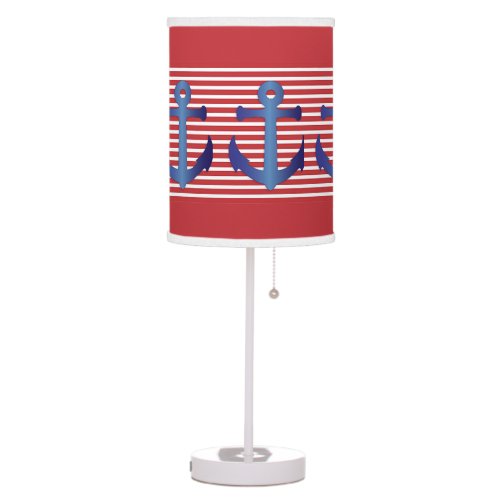 Chic Red White Stripes Pattern Blue Anchor Table Lamp