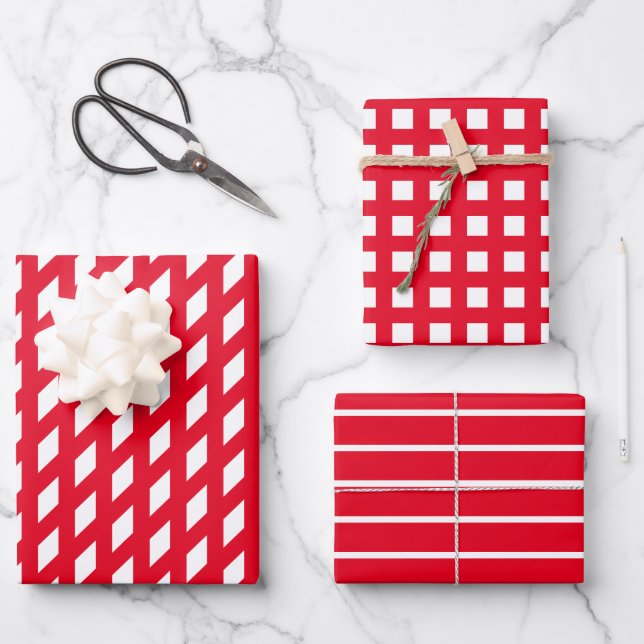 Chic red white stripes & plaid assorted patterns wrapping paper sheets (Front)