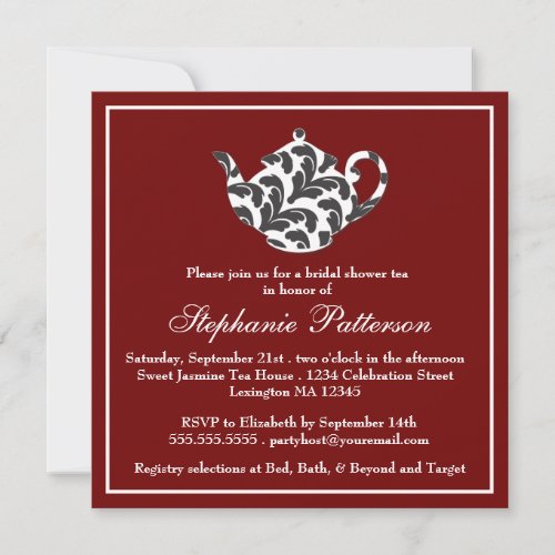 Chic Red &amp; White w Damask Bridal Shower Tea Party Custom Announcements
