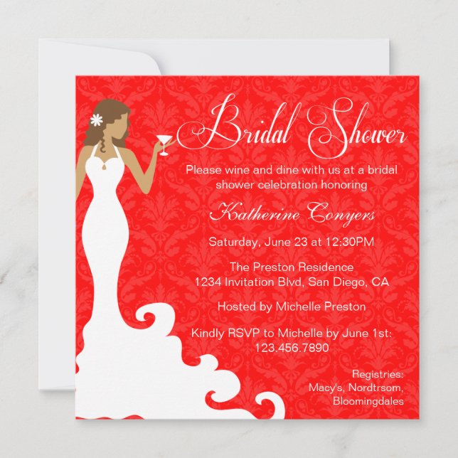 Chic Red Wine Damask Bridal Shower Invitation (Front)