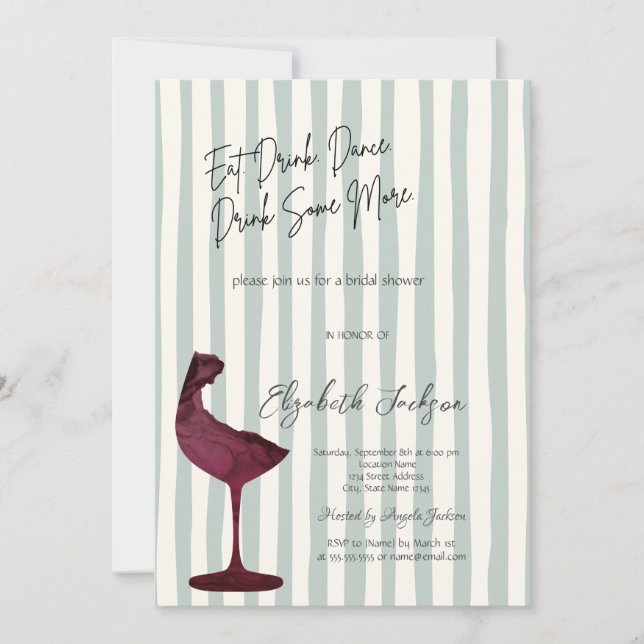 Chic Red Wine Glass Green Striped  Invitation (Front)