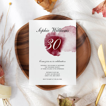 Chic Red Wine Spill Modern Custom Age Birthday Invitation by pinkpinetree at Zazzle