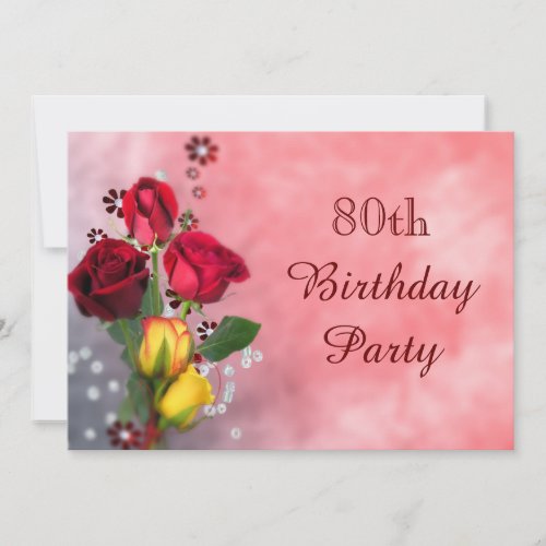 Chic Red  Yellow Roses 80th Birthday Invitation