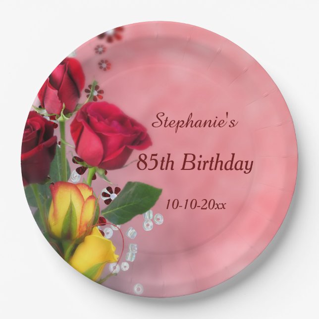 Chic Red & Yellow Roses 85th Birthday Paper Plates (Front)