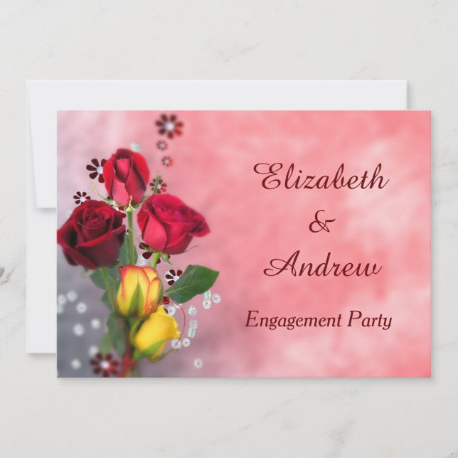 Chic Red & Yellow Roses Engagement Invitation (Front)