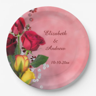 Chic Red & Yellow Roses Engagement Paper Plates