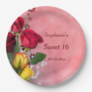 Chic Red & Yellow Roses Sweet Sixteen Paper Plates