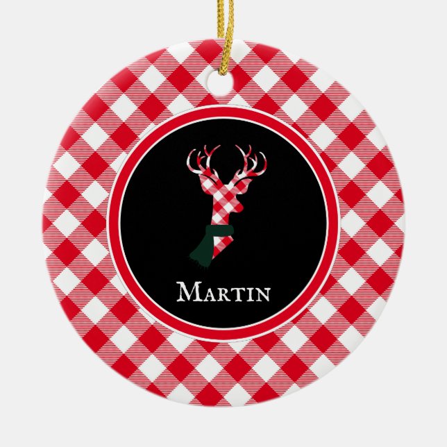 Chic Reindeer Red & White Plaid Personalized Ceramic Ornament (Front)