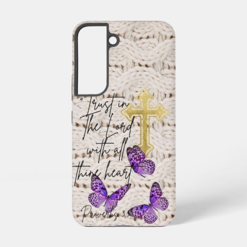 Chic Religious Knit Purple Butterfly Gold Cross Samsung Galaxy S22 Case