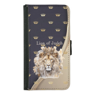 Chic Religious Lion of Judah Beige Navy Gold Crown Samsung Galaxy S5 Wallet Case