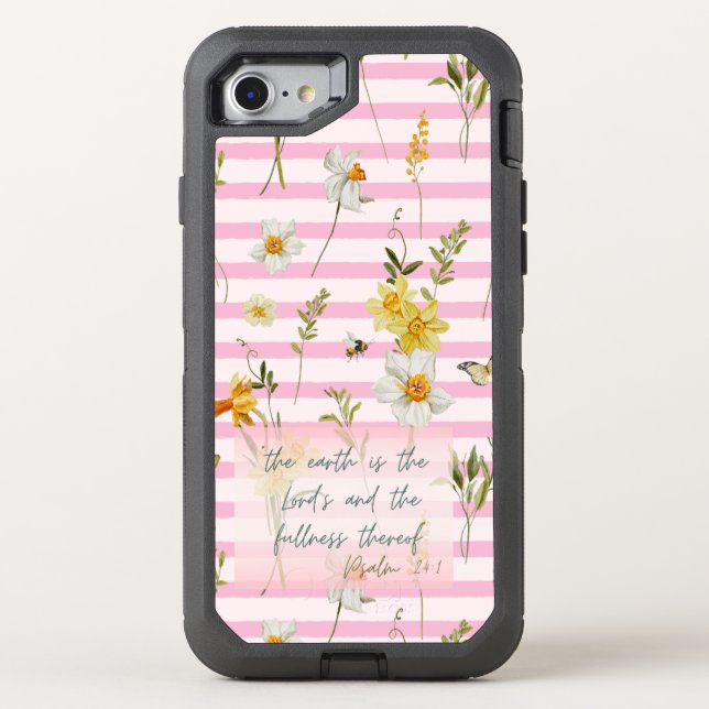 Chic Religious Pink Stripe Daffodil Bee Nature Otterbox iPhone Case (Back)