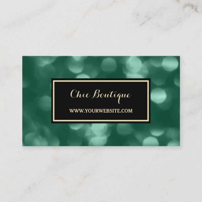 Chic Retail Boutique Glamorous Green Luxe Bokeh Business Card (Front)