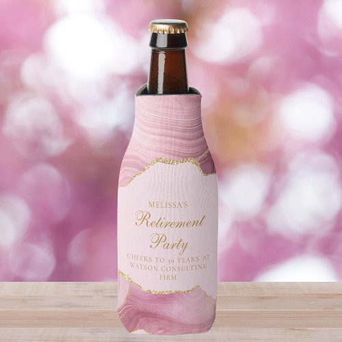 Chic Retirement Party Pink Gold Agate Custom Bottle Cooler