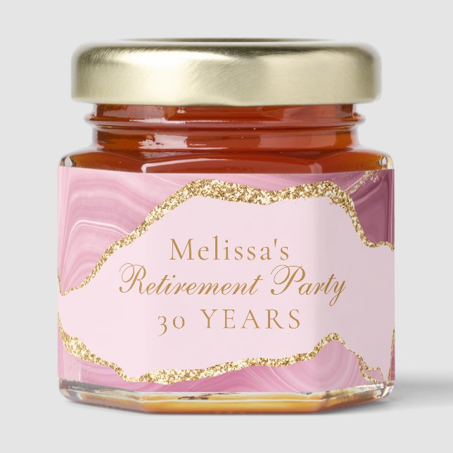 Chic Retirement Party Pink Gold Agate Custom Honey Jar Favors (Front)