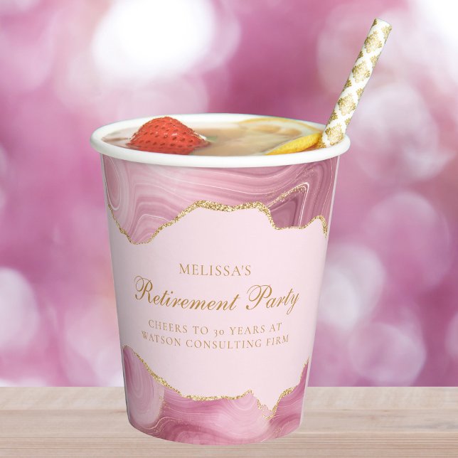 Chic Retirement Party Pink Gold Agate Custom Paper Cups (Creator Uploaded)